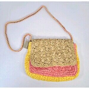 J.Crew Colorblock Raffia Crossbody Bag Pink Yellow Beige Chain Strap New 9.5x8x2